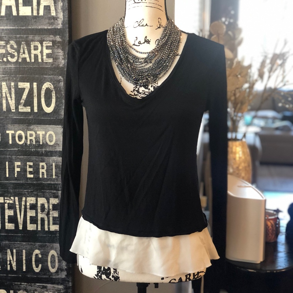 Black Long Sleeved Shirt with White Silk Trim